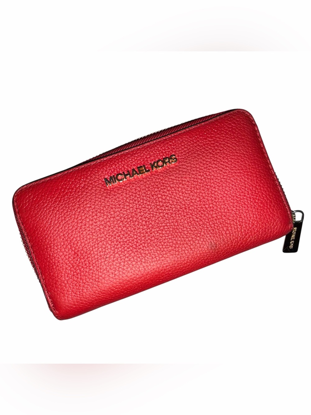 Michael Kors Red Pebbled Leather Zip Wallet with Gold Logo